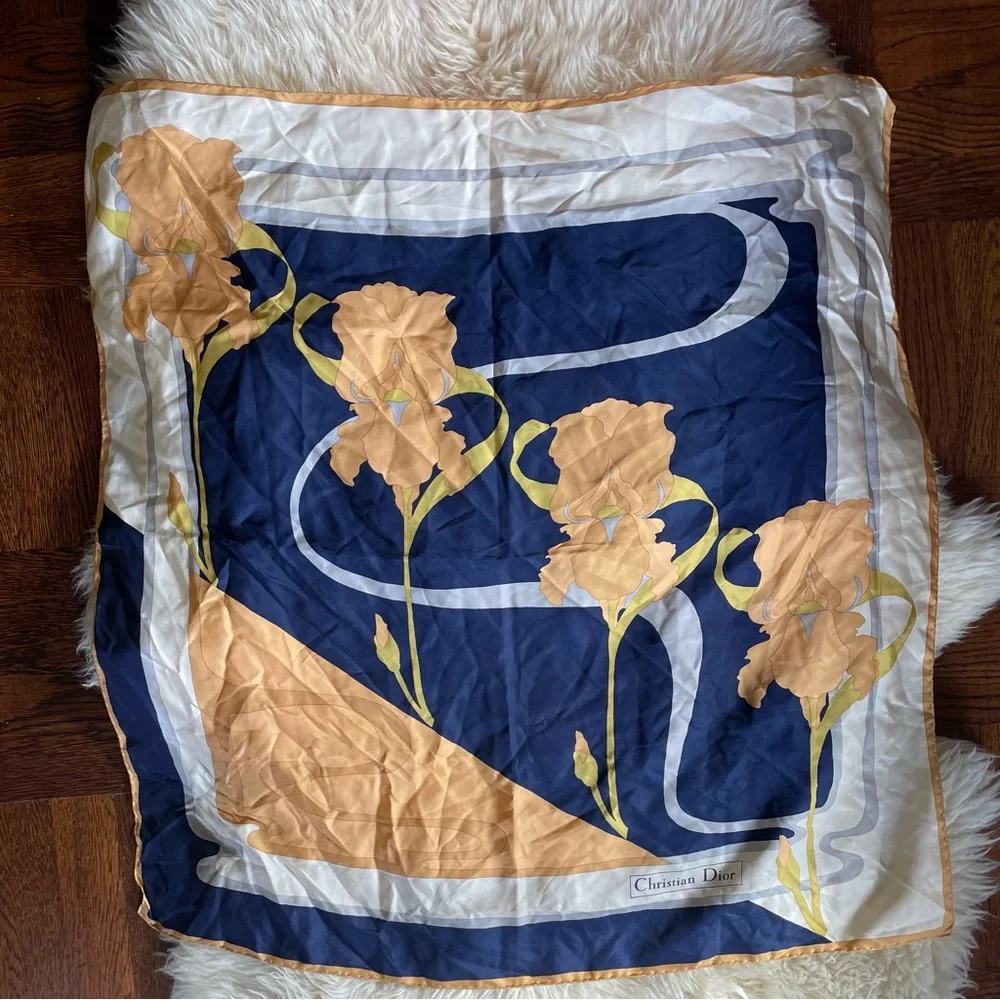 Vintage 70s Christian Dior 100% silk scarf abstract Iris design and logo large